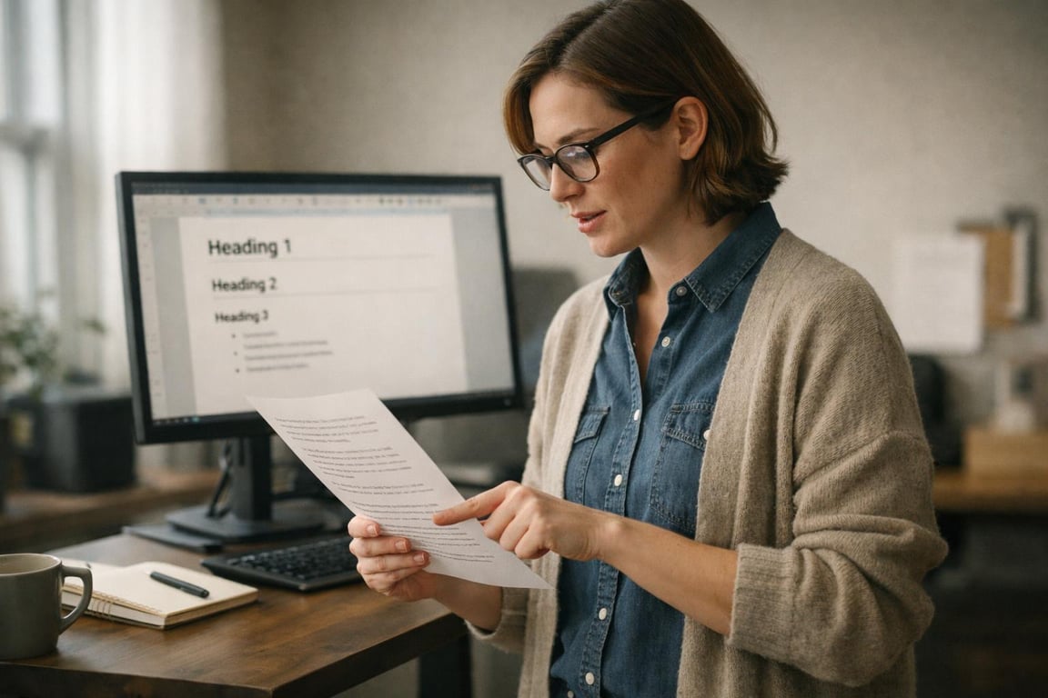 Woman wearing glasses reading a document in front of a computer screen displaying text headings in a cozy office setting.