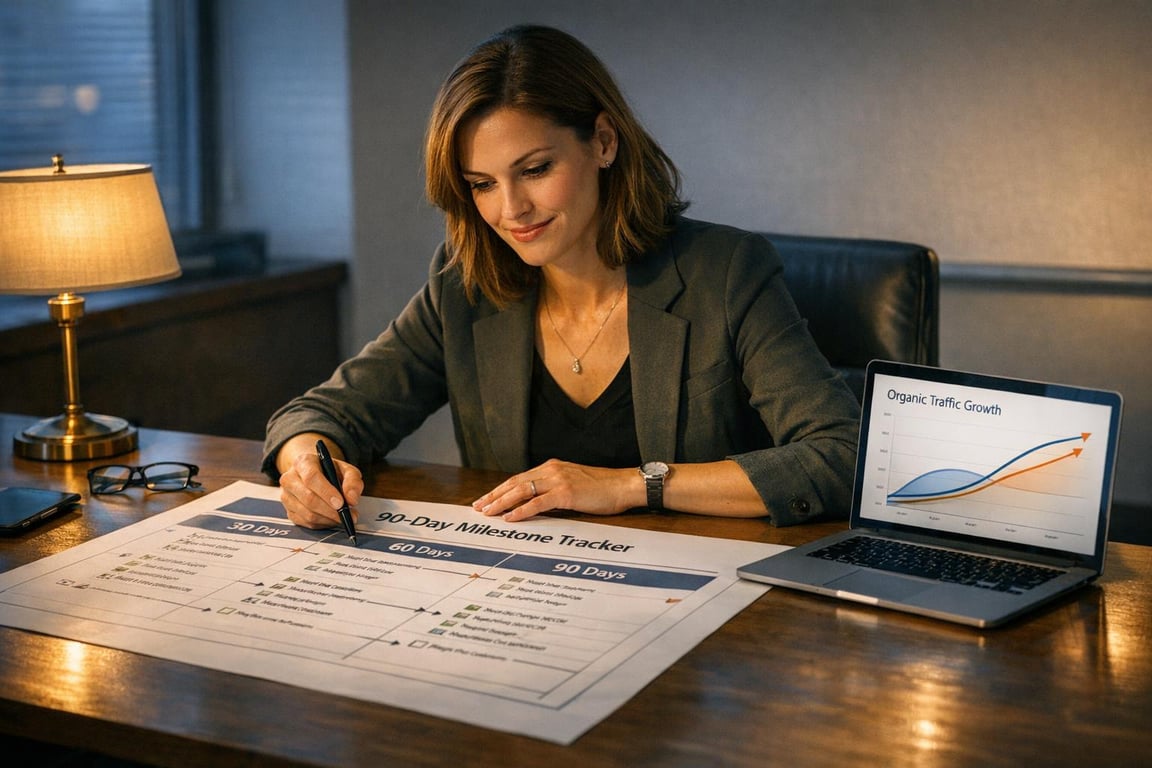 Woman in business attire working on a 90-day milestone tracker with a laptop showing organic traffic growth graph.