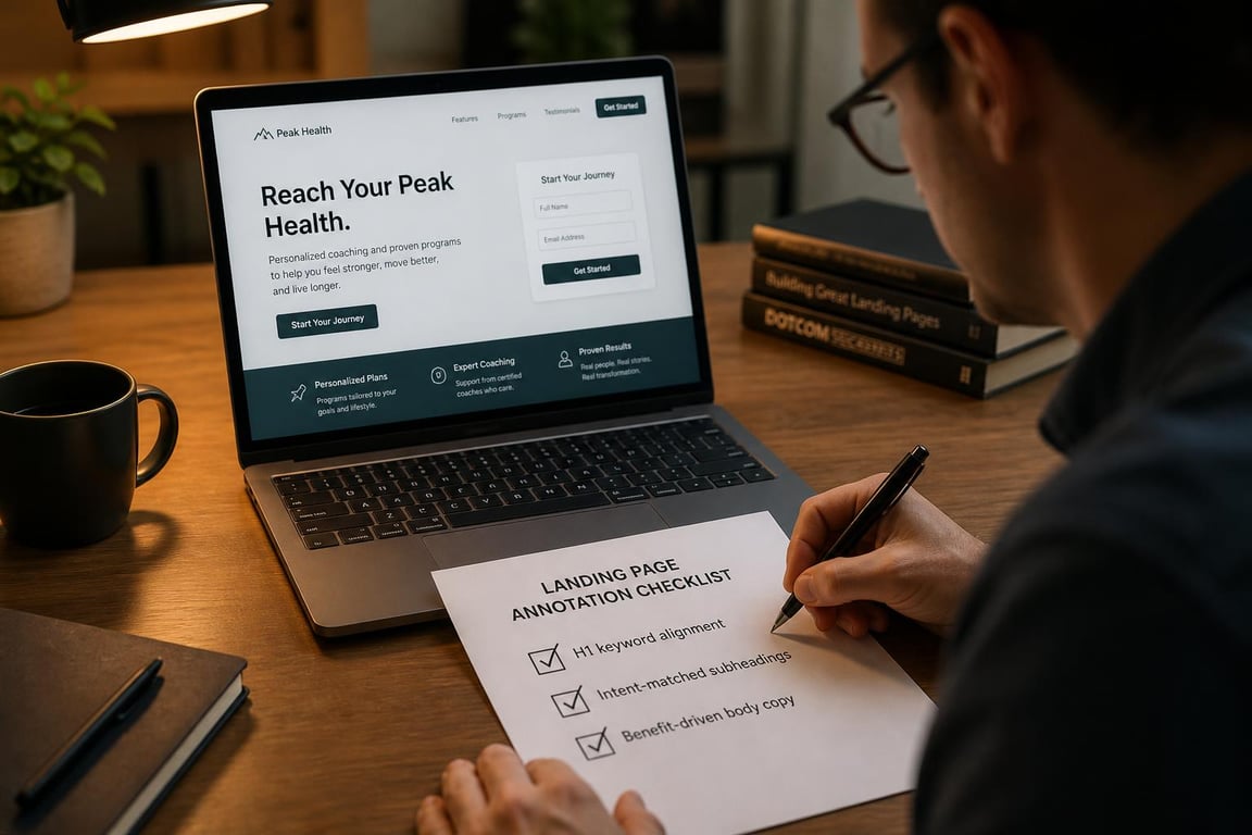 An SEO content writer auditing a landing page against an on-page optimization checklist for keyword and intent alignment
