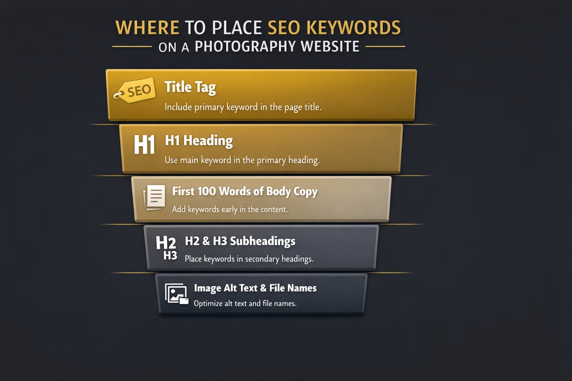 Steps for placing SEO keywords on a photography website, including title tag, headings, body copy, and image alt text.