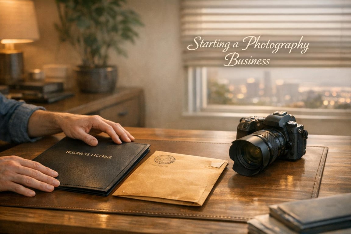 A desk with a camera, business license folder, and an envelope, symbolizing entrepreneurship in photography.
