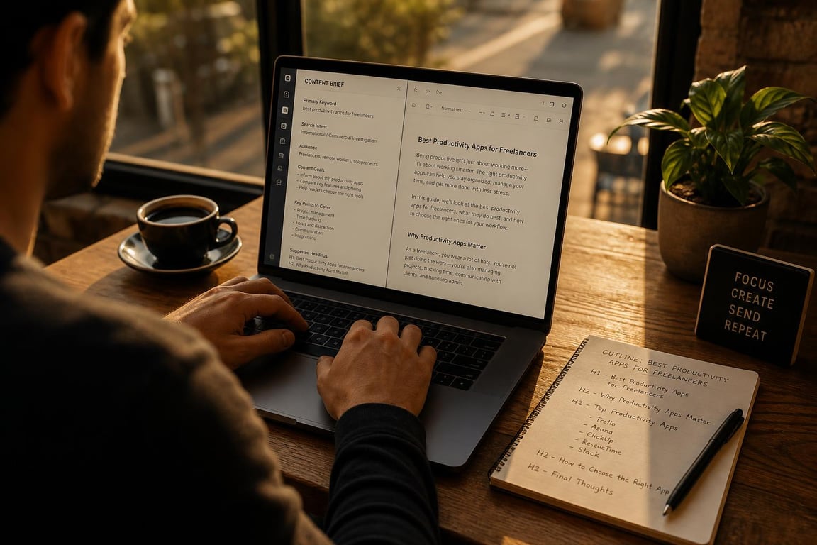 Freelance SEO copywriter drafting a structured SEO content page from a brief in a coffee shop during late afternoon golden hour