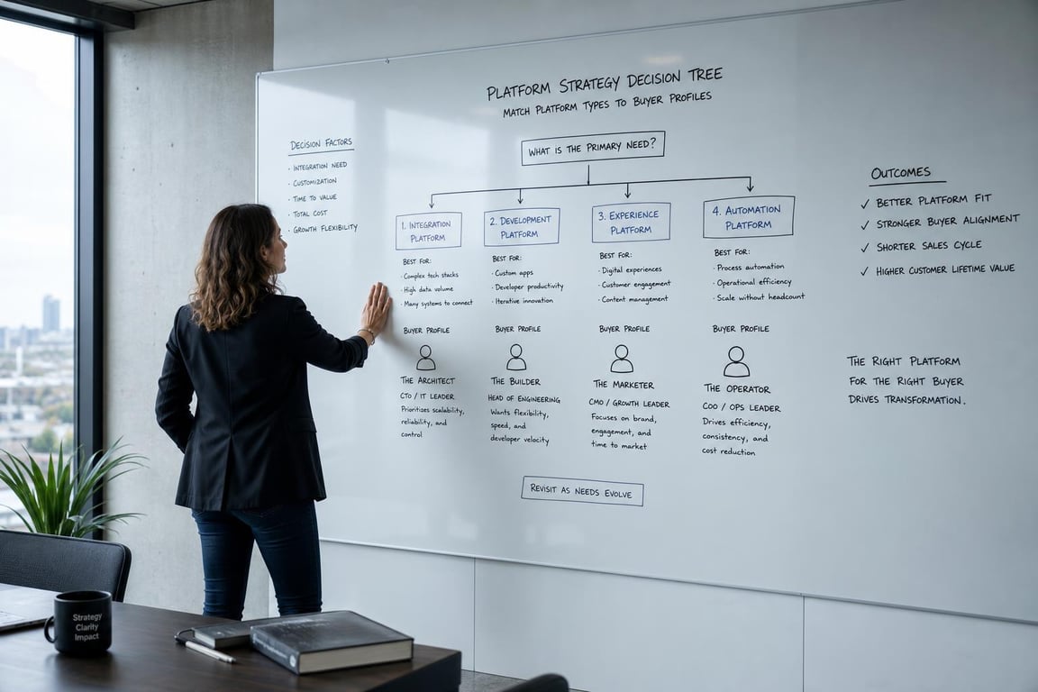 Marketing director reviewing a hand-drawn decision tree mapping article writing platform types to buyer profiles on a whiteboard