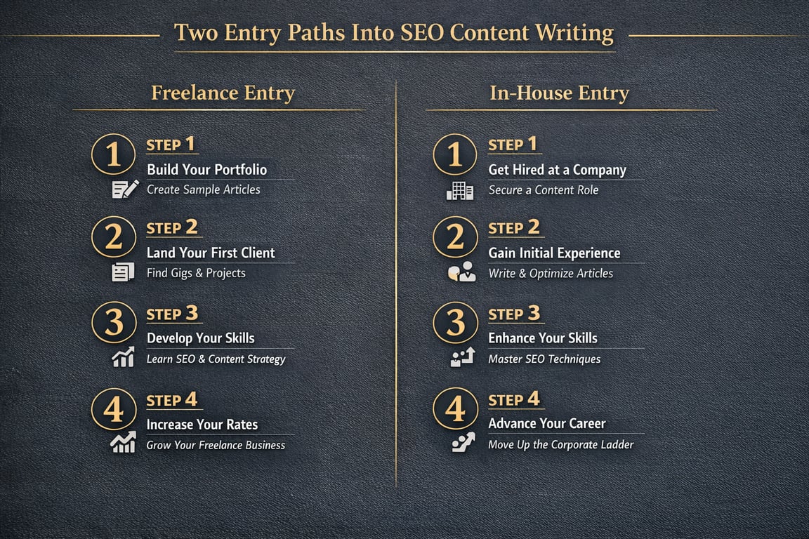 Two entry paths into SEO content writing: freelance steps from building portfolio to increasing rates, in-house steps from getting hired to advancing career.