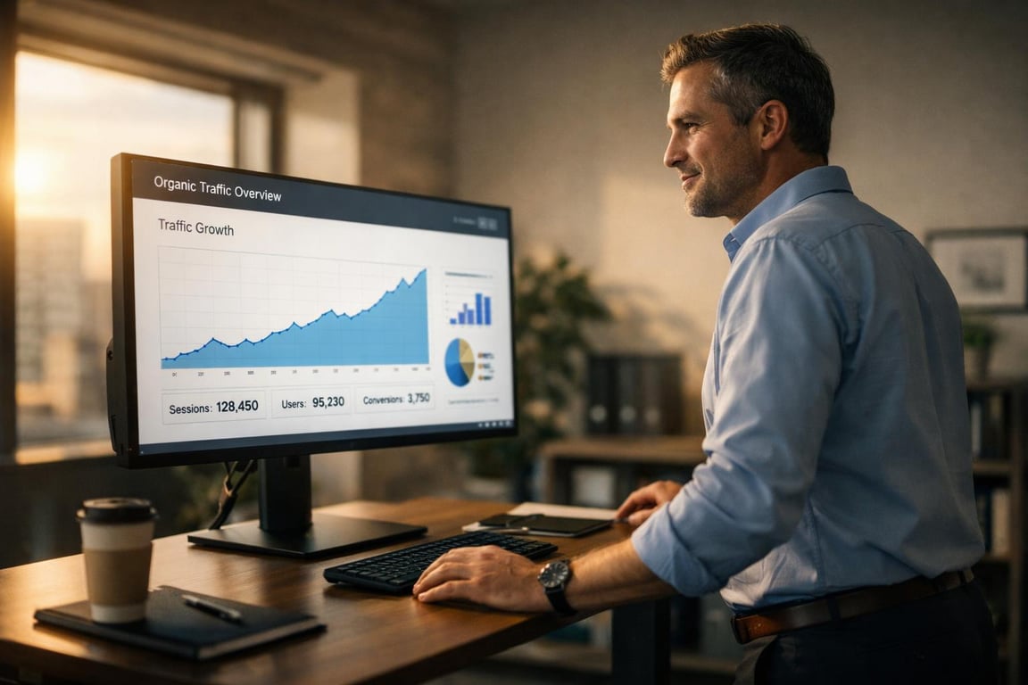 Man analyzing organic traffic growth data on a computer screen in a modern office setting.