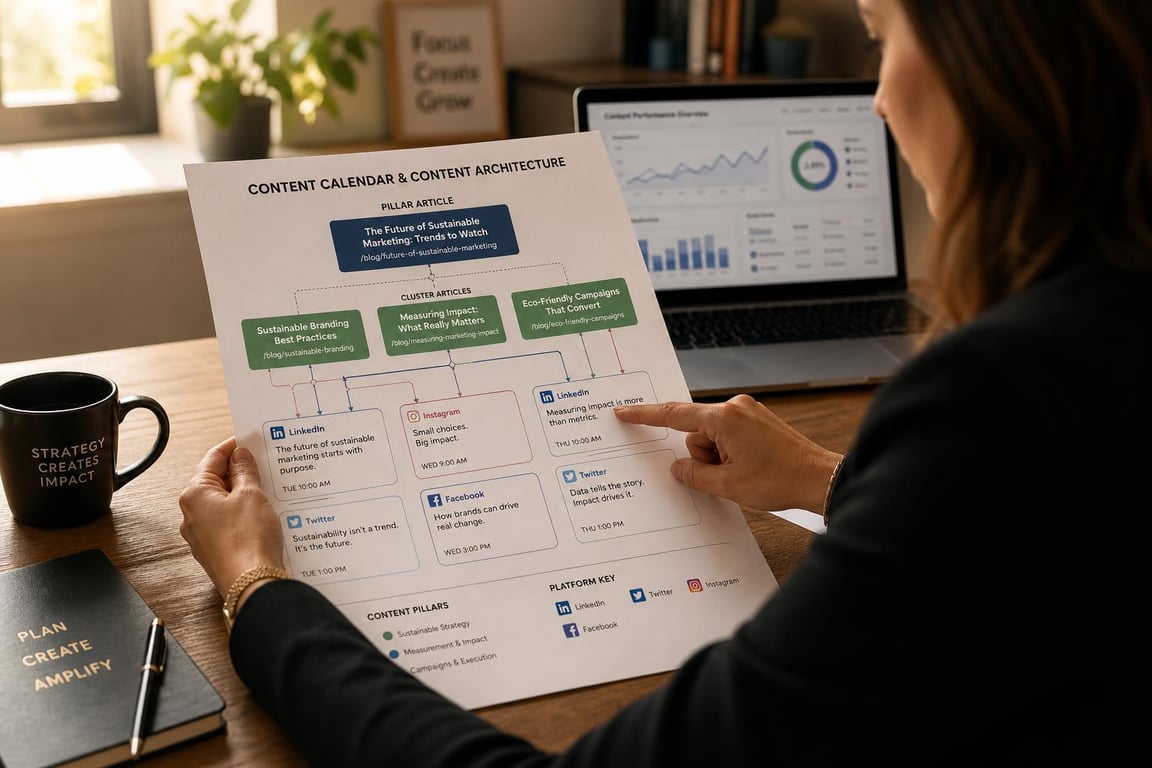 Marketing director reviewing a social content calendar that maps platform-specific posts to a pillar and cluster content architecture