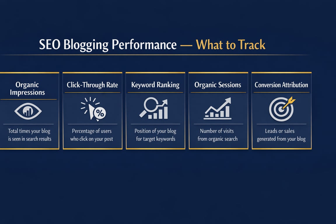 SEO blogging performance metrics to track including organic impressions, click-through rate, keyword ranking, organic sessions, and conversion attribution.