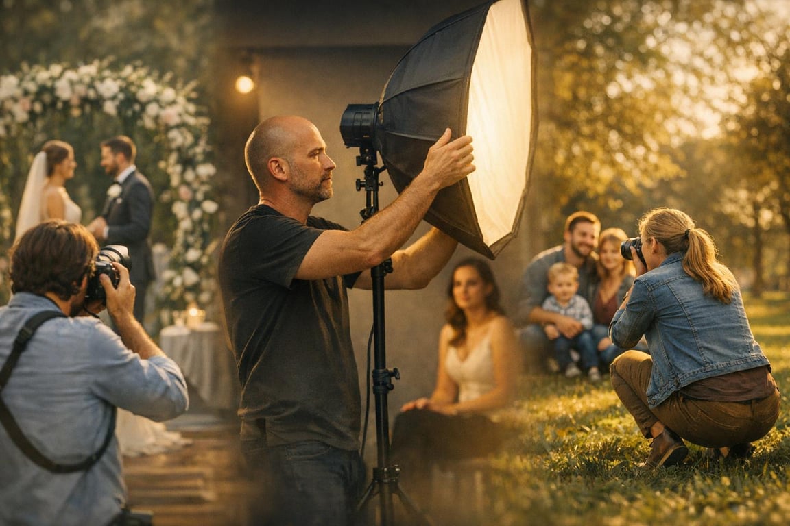 Wedding photographers capturing couples and family portraits outdoors with professional lighting equipment.