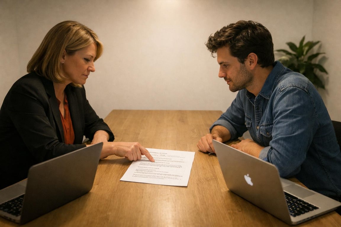 Two professionals discussing a document on a wooden table with laptops open during a business meeting