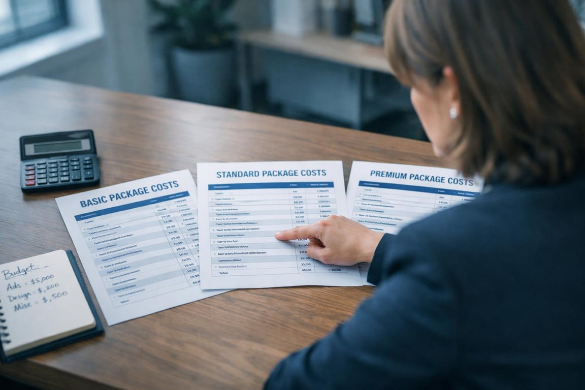 Person pointing at detailed cost comparison charts for basic, standard, and premium service package options on a wooden desk.
