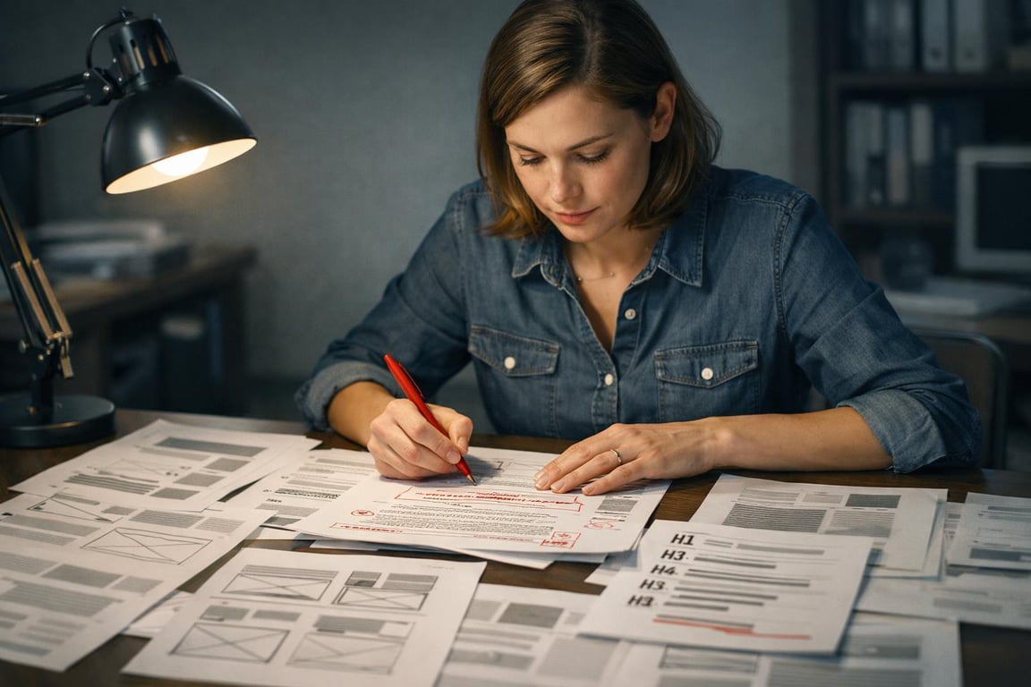 Woman reviewing and marking up multiple printed documents with graphs and text under desk lamp light.