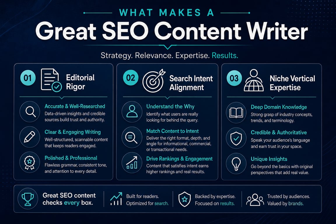 Infographic showing three qualities of great SEO content writers: editorial rigor, search intent alignment, and niche vertical expertise