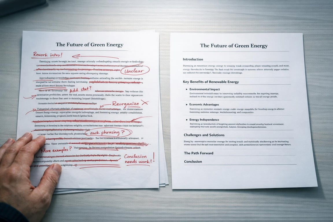 Draft and revised versions of a document titled "The Future of Green Energy" with handwritten editing notes in red ink.
