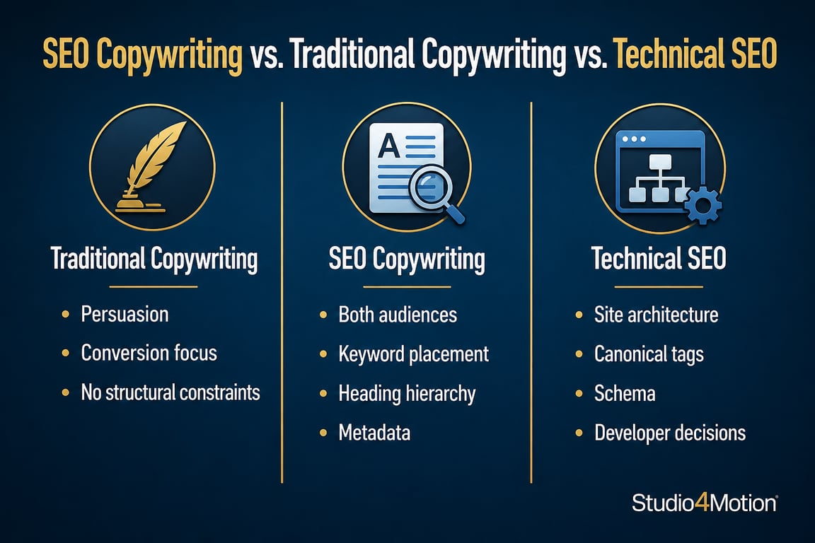 Three-column infographic comparing traditional copywriting, SEO copywriting, and technical SEO by audience, structure, and responsibility