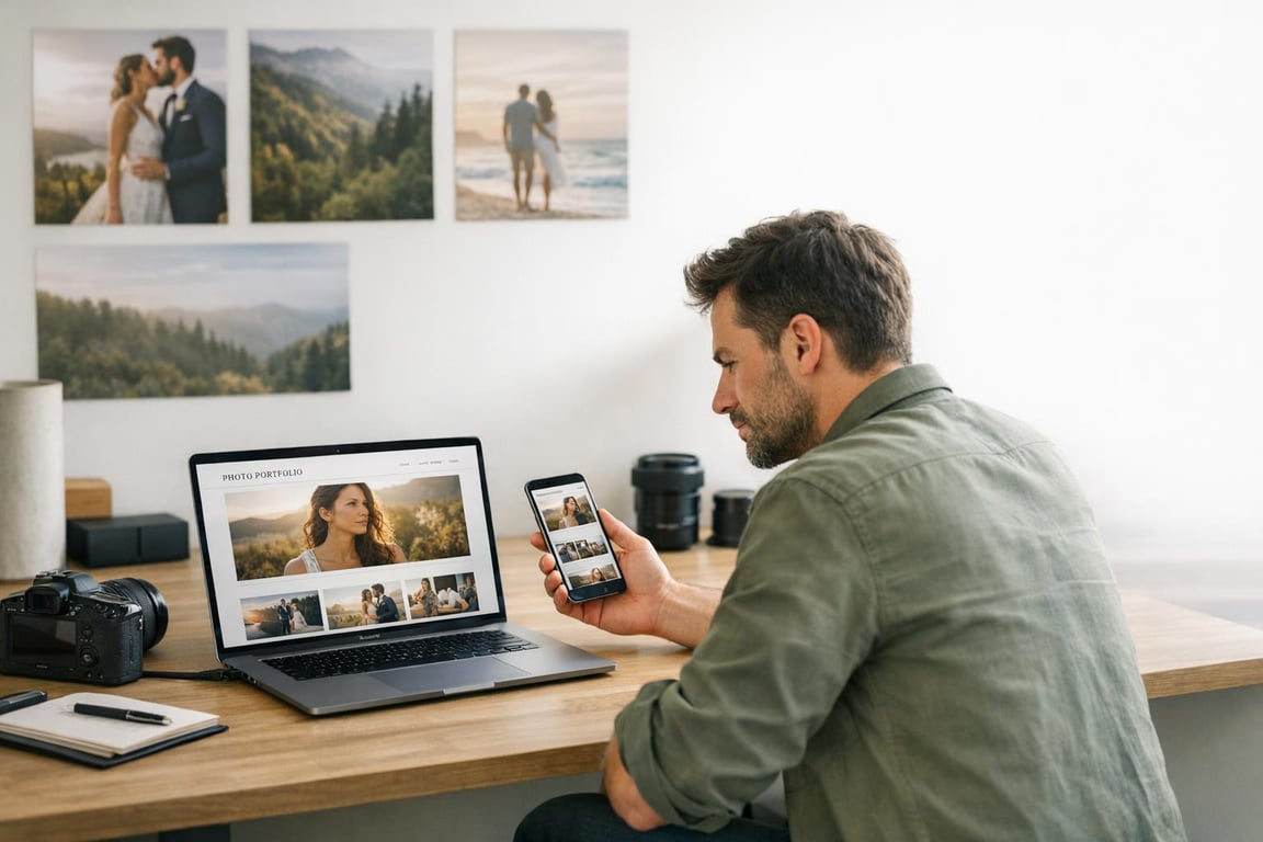 Photographer reviewing a photo portfolio on a laptop and smartphone at a desk with camera equipment and landscape prints on the wall.