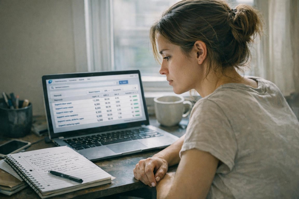 Woman working on keyword research and SEO analysis on laptop with notes and coffee on desk by the window.