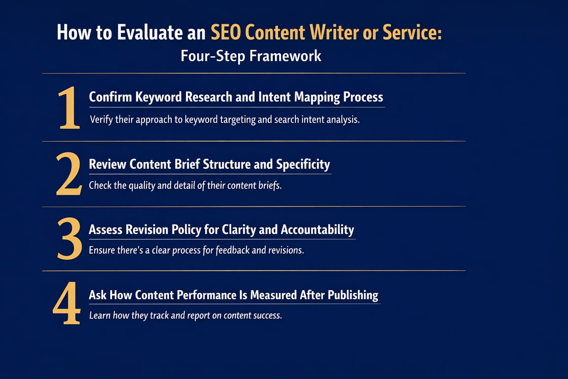 Four-step framework to evaluate SEO content writers, including keyword research, content brief, revision policy, and performance measurement.