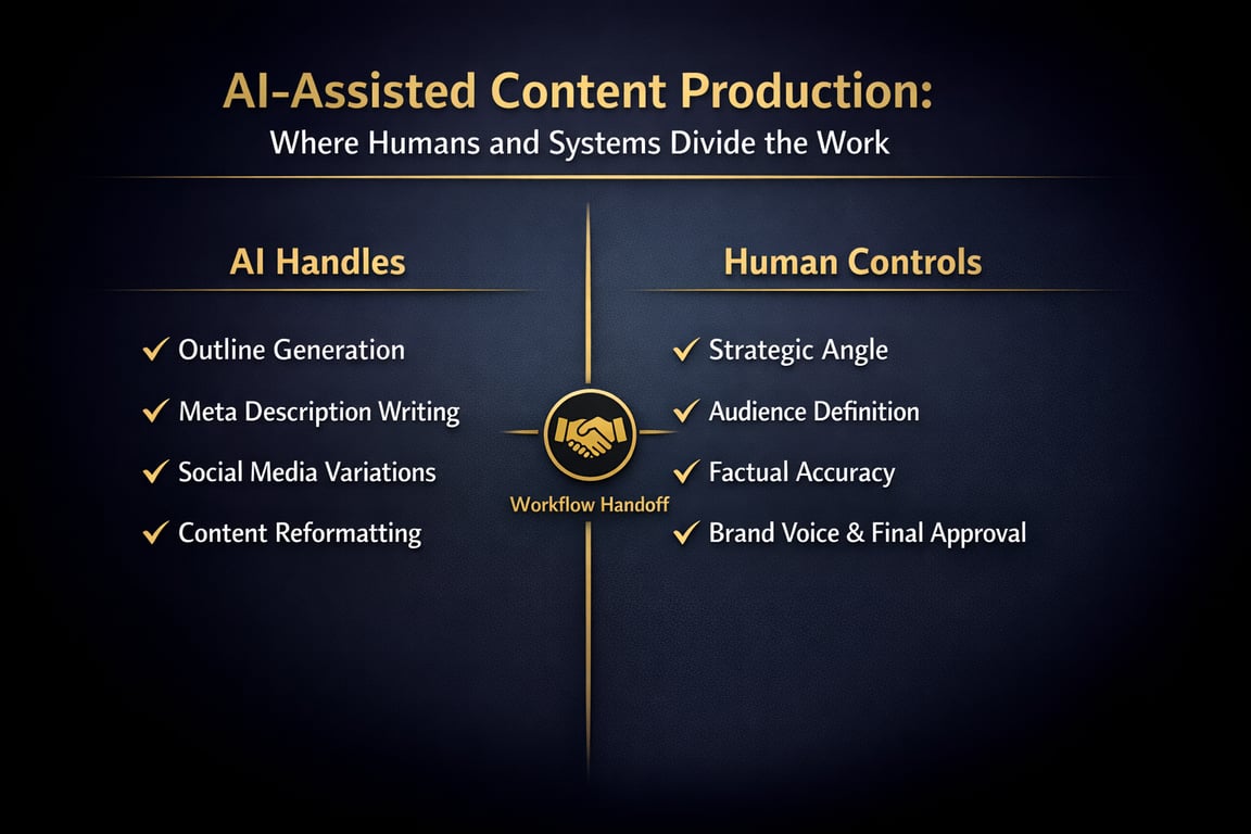 AI-assisted content production dividing tasks: AI handles outlines, meta descriptions, social media, reformatting; humans manage strategy, accuracy, brand.