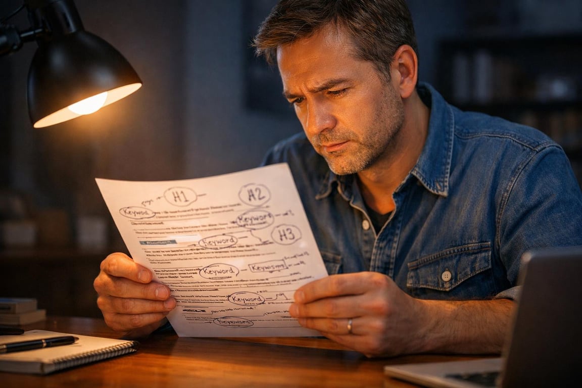 Man studying a printed SEO content plan with keywords and headings under warm desk lamp light.