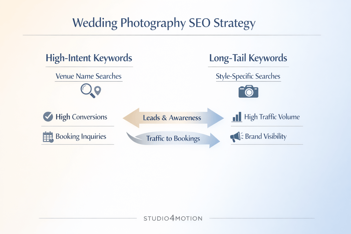 Wedding photography SEO strategy showing high-intent keywords with conversions and long-tail keywords with traffic and brand visibility.