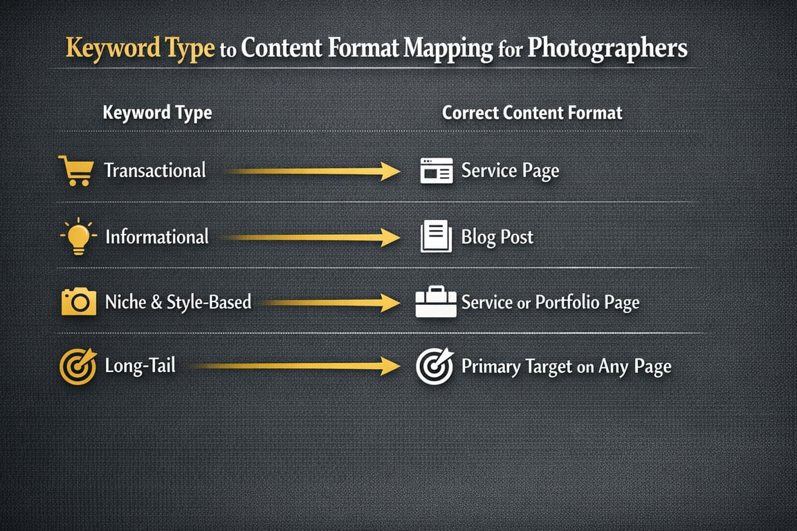 Keyword type to content format mapping for photographers: transactional to service page, informational to blog post, niche/style to portfolio.