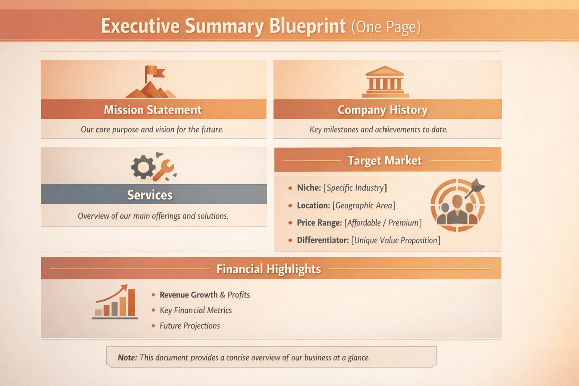 Executive summary blueprint outlining mission statement, company history, services, target market, and financial highlights.