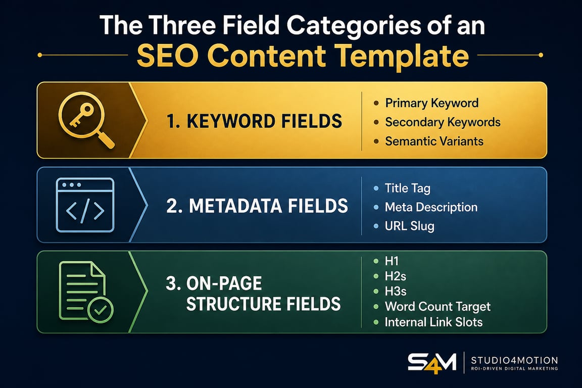 Infographic: the three field categories of an SEO content template, keyword fields, metadata fields and on-page structure fields
