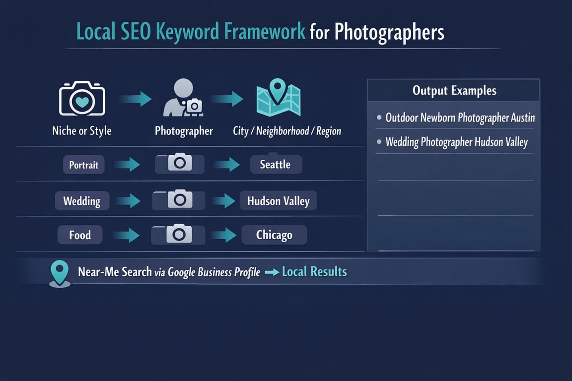 Local SEO keyword framework for photographers showing niche, photographer, and location combinations for better local search results.