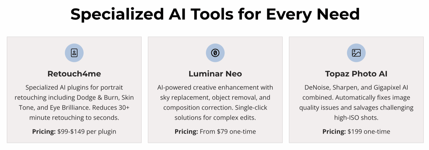 Specialized AI tools for portrait retouching, creative photo enhancement, and fixing image quality with advanced AI features.