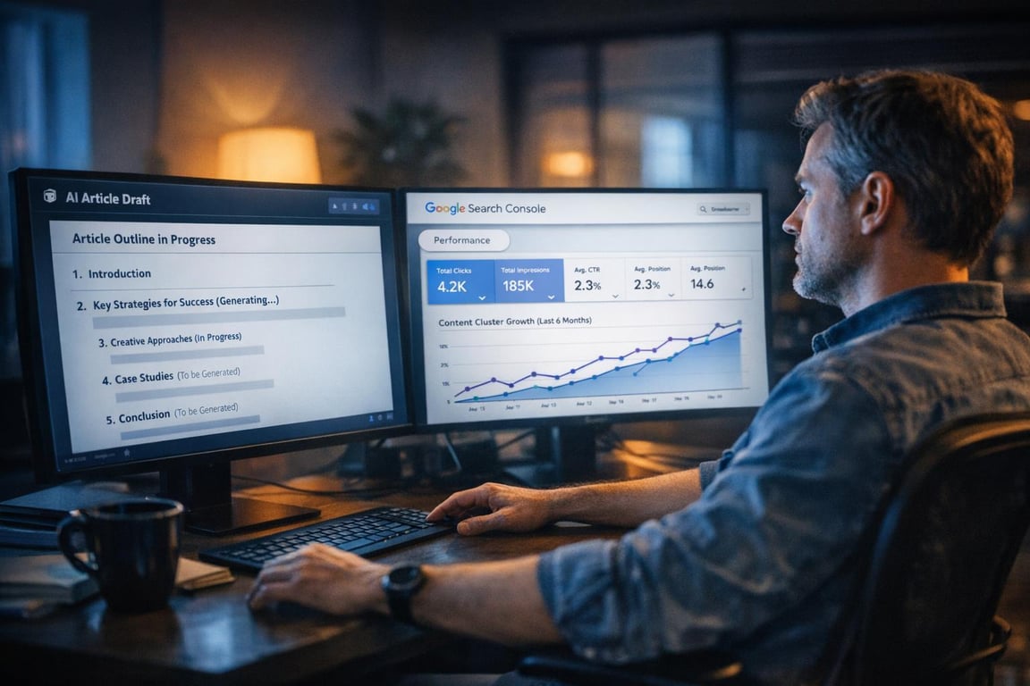 Man working on dual monitors displaying an AI article draft and Google Search Console performance analytics.
