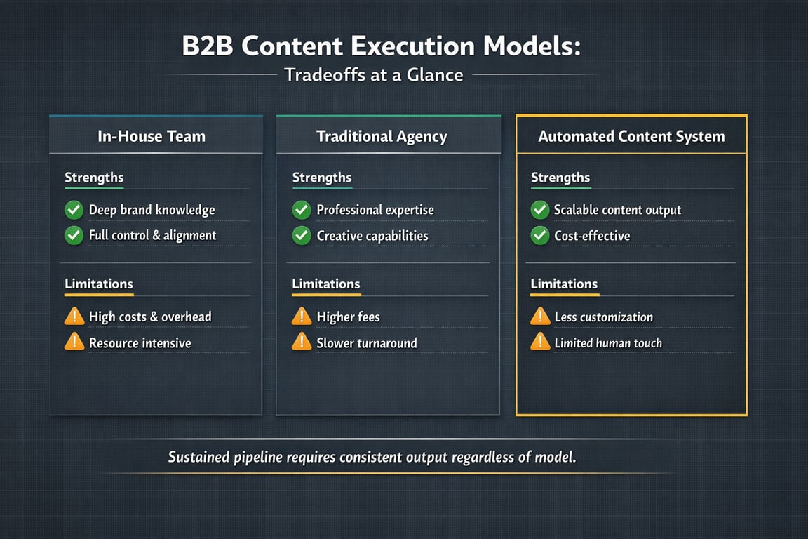 B2B content execution models comparison showing strengths and limitations of in-house, traditional agency, and automated content systems.