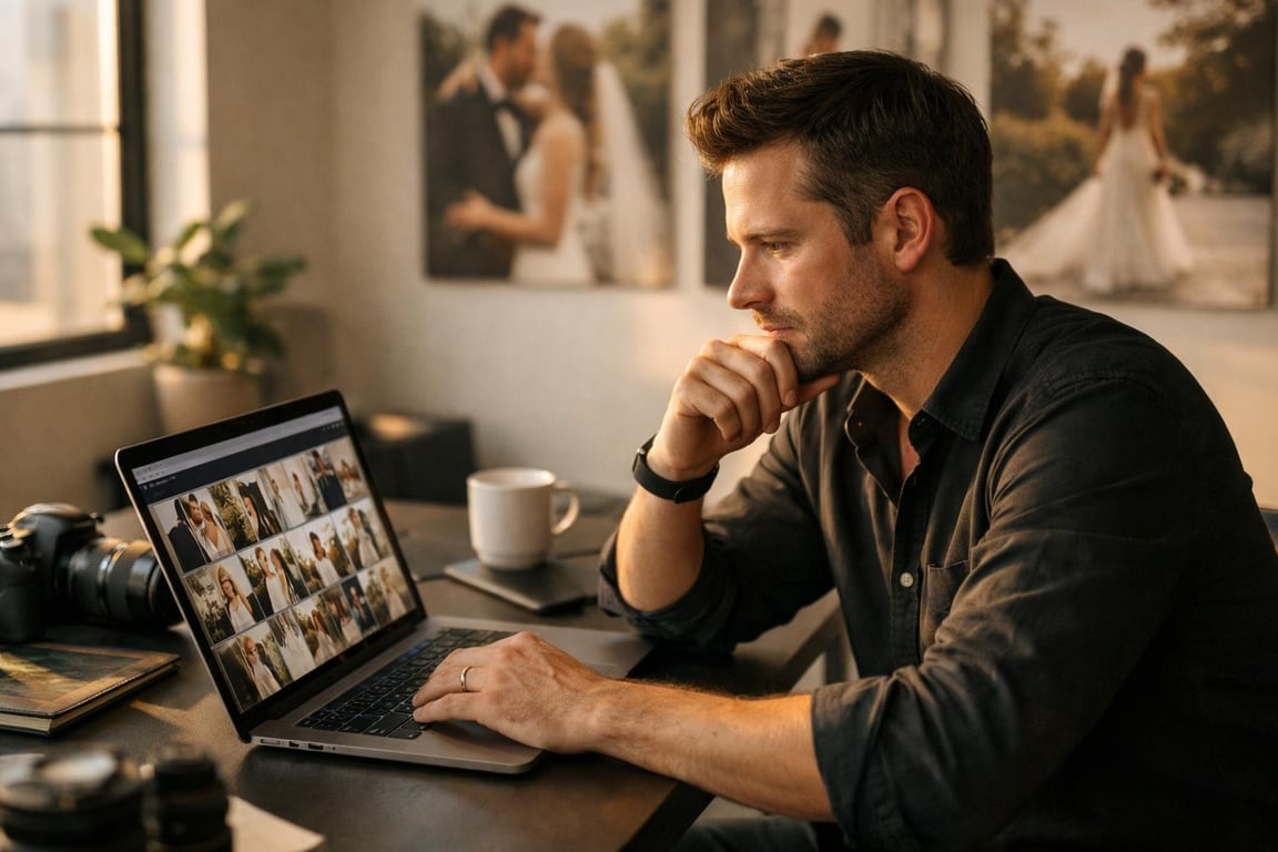 Man reviewing wedding photo gallery on laptop in cozy workspace with camera and coffee mug nearby.