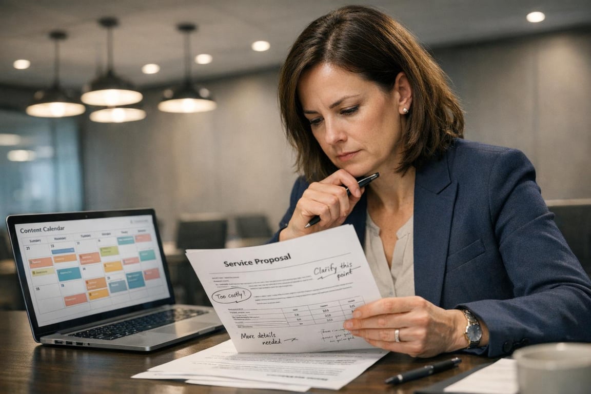 Businesswoman reviewing a service proposal with notes, working at a desk with a laptop showing a color-coded content calendar.
