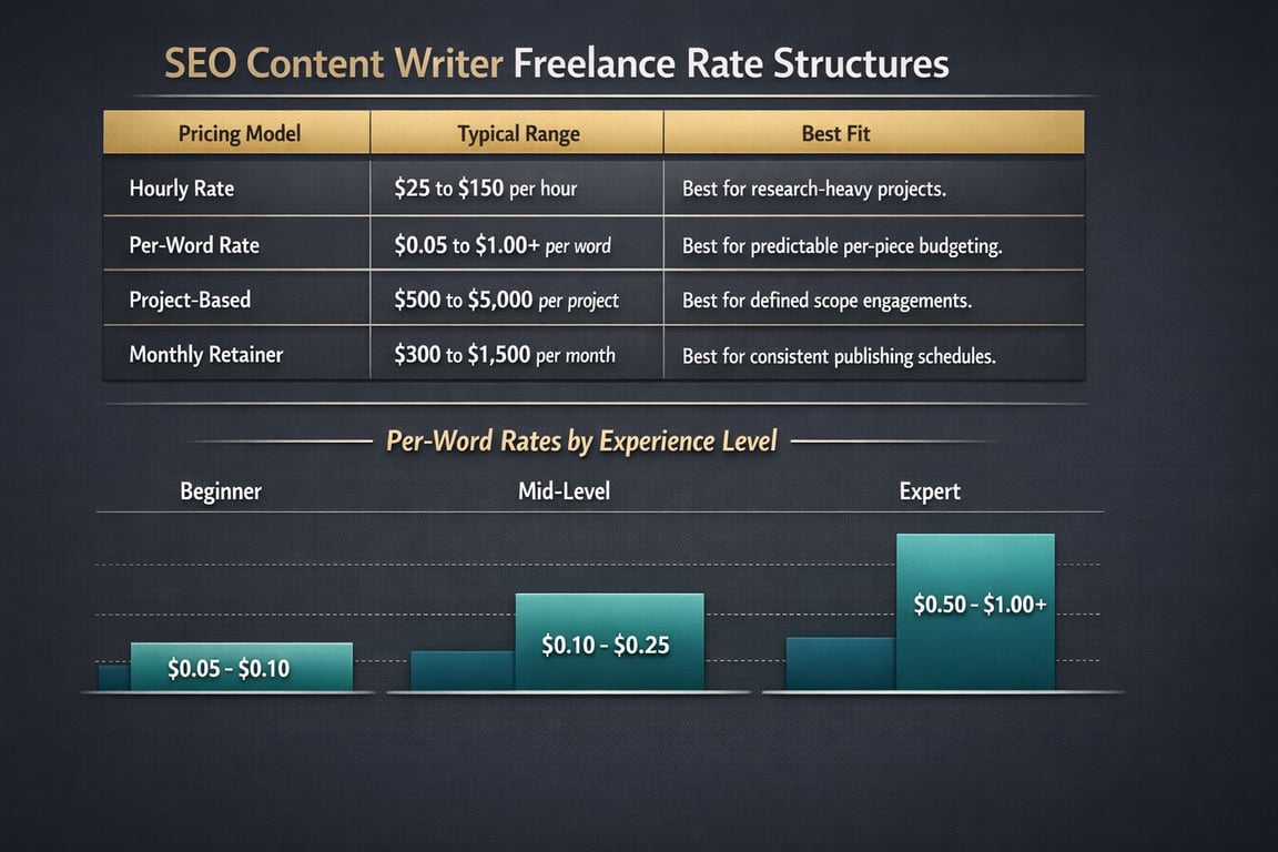 SEO content writer freelance rate structures including hourly, per-word, project-based, and monthly retainer with experience level per-word rates.