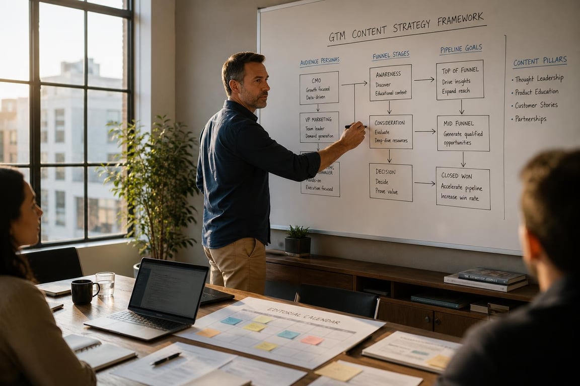 Marketing director drawing a B2B content marketing strategy framework on a whiteboard in a sunlit strategy room