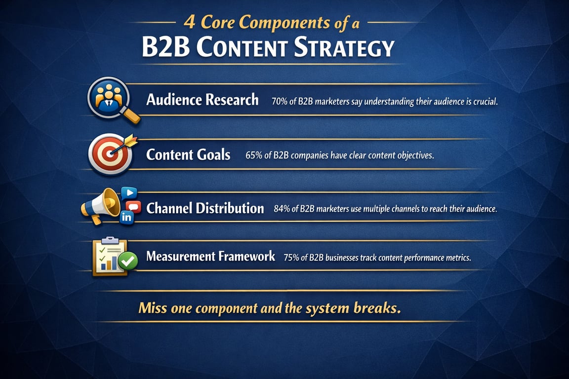 4 core components of B2B content strategy: Audience Research, Content Goals, Channel Distribution, Measurement Framework stats included.