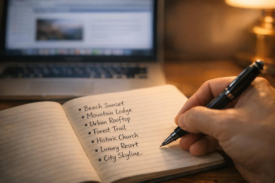 Hand writing a list of travel destinations including Beach Sunset, Mountain Lodge, Urban Rooftop, and Luxury Resort in a notebook.