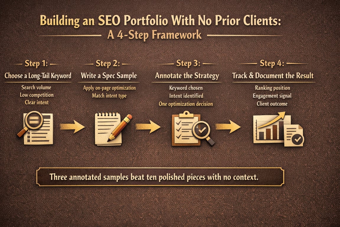 Four-step SEO portfolio framework: choose keyword, write spec sample, annotate strategy, track results for no prior clients.