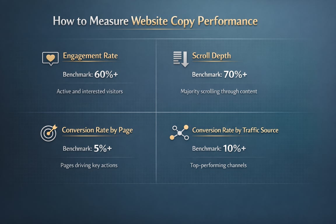 Key metrics for measuring website copy performance: engagement rate 60%+, scroll depth 70%+, page conversion 5%+, source conversion 10%+ benchmarks.