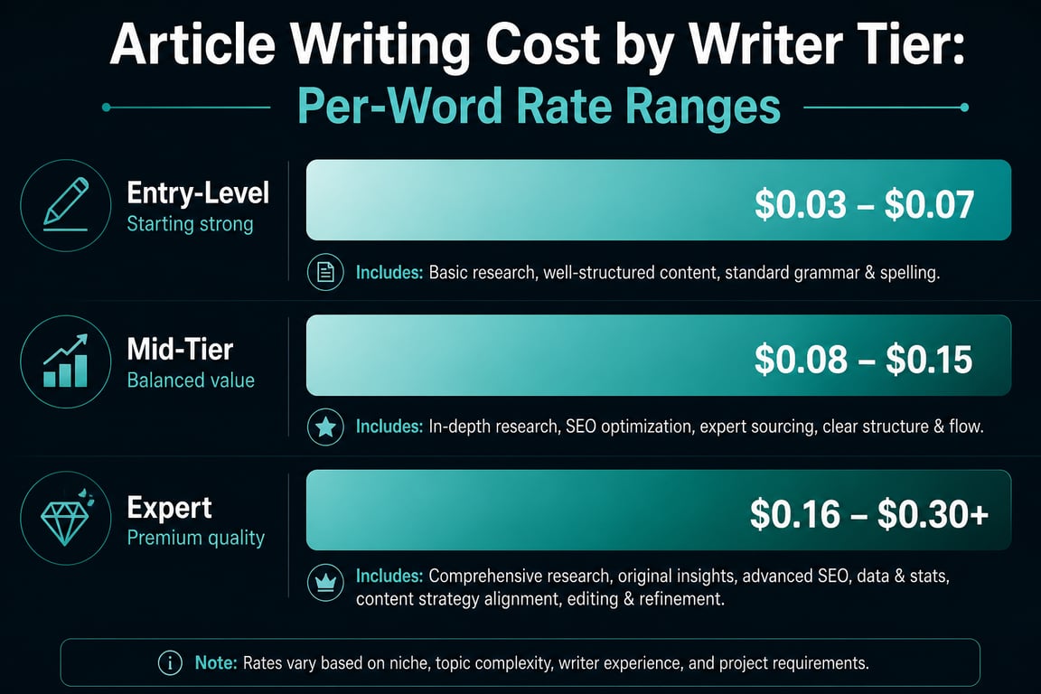 Infographic showing per-word article writing cost ranges for entry-level, mid-tier, and expert writer tiers with inclusions at each level