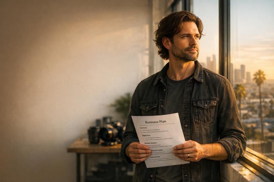 Man holding business plan paper, standing by window with city skyline and palm trees at sunset.