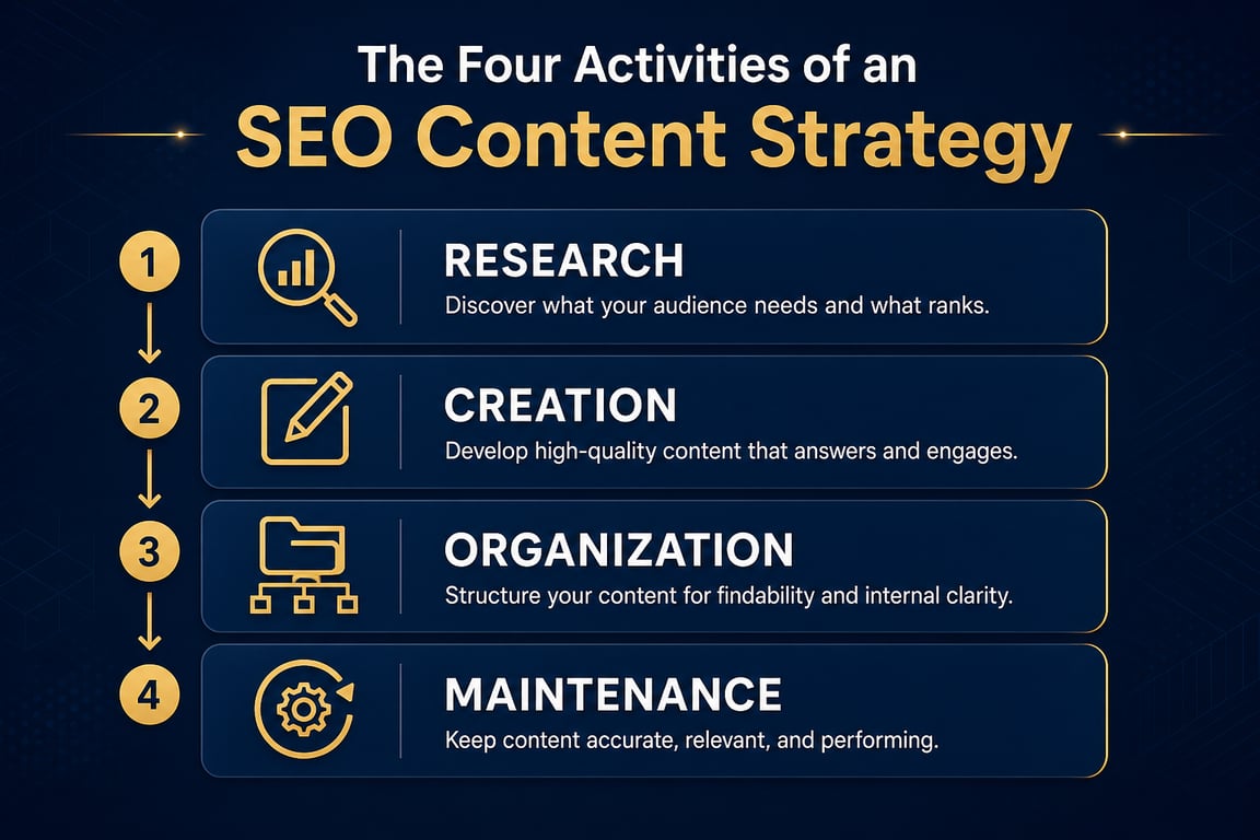 Infographic showing the four activities of an SEO content strategy: research, creation, organization, and maintenance