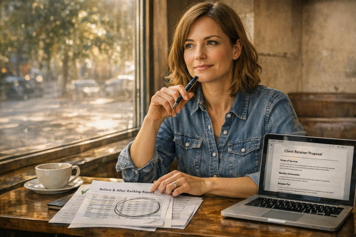 Woman in denim shirt reviewing ranking report and client retainer proposal on laptop at wooden table near window.