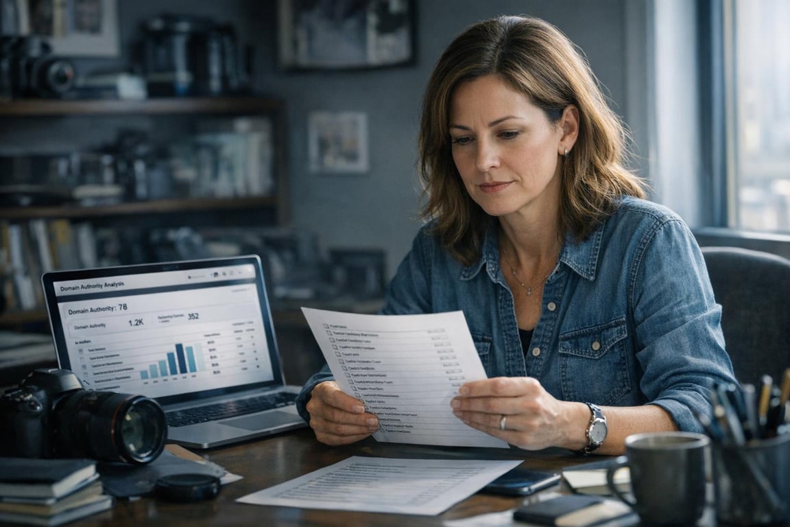 Woman reviewing printed data sheets at a desk with a laptop showing domain authority analysis and a camera nearby.