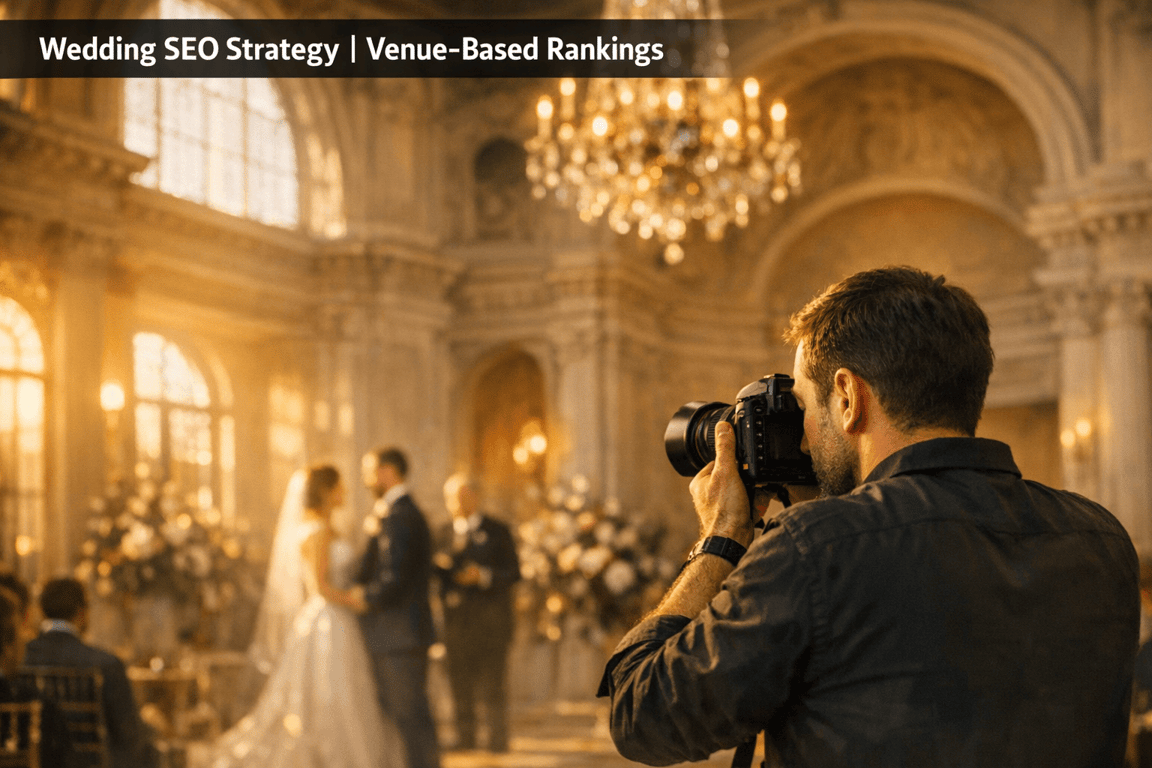 Photographer capturing a couple exchanging vows in an elegant wedding venue with chandeliers and floral arrangements.