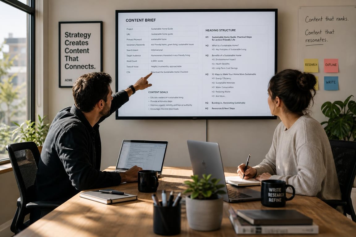SEO content manager and copywriter reviewing a shared content brief on a monitor, content manager indicating heading structure while copywriter takes notes