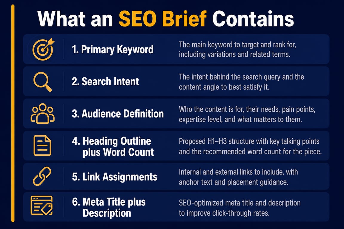 SEO brief contents infographic — what is an seo brief definition purpose example