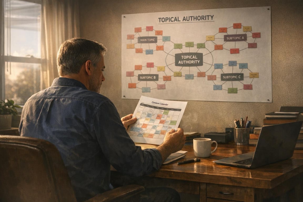 Man reviewing a content calendar at a desk with a topical authority flowchart on the wall in a warm home office setting.
