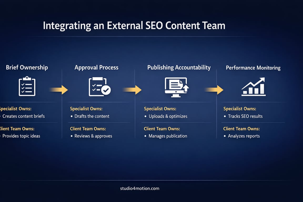 Steps for integrating an external SEO content team covering brief ownership, approval, publishing, and performance monitoring roles.
