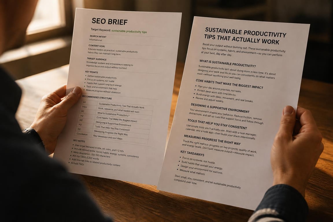 Strategist verifying article brief — what is an seo brief definition purpose example